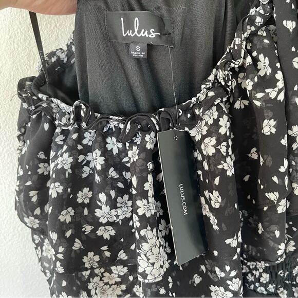 NWT Lulus Black Floral Print Ruffled One Shoulder Midi Dress (Small) - Picture 6 of 7